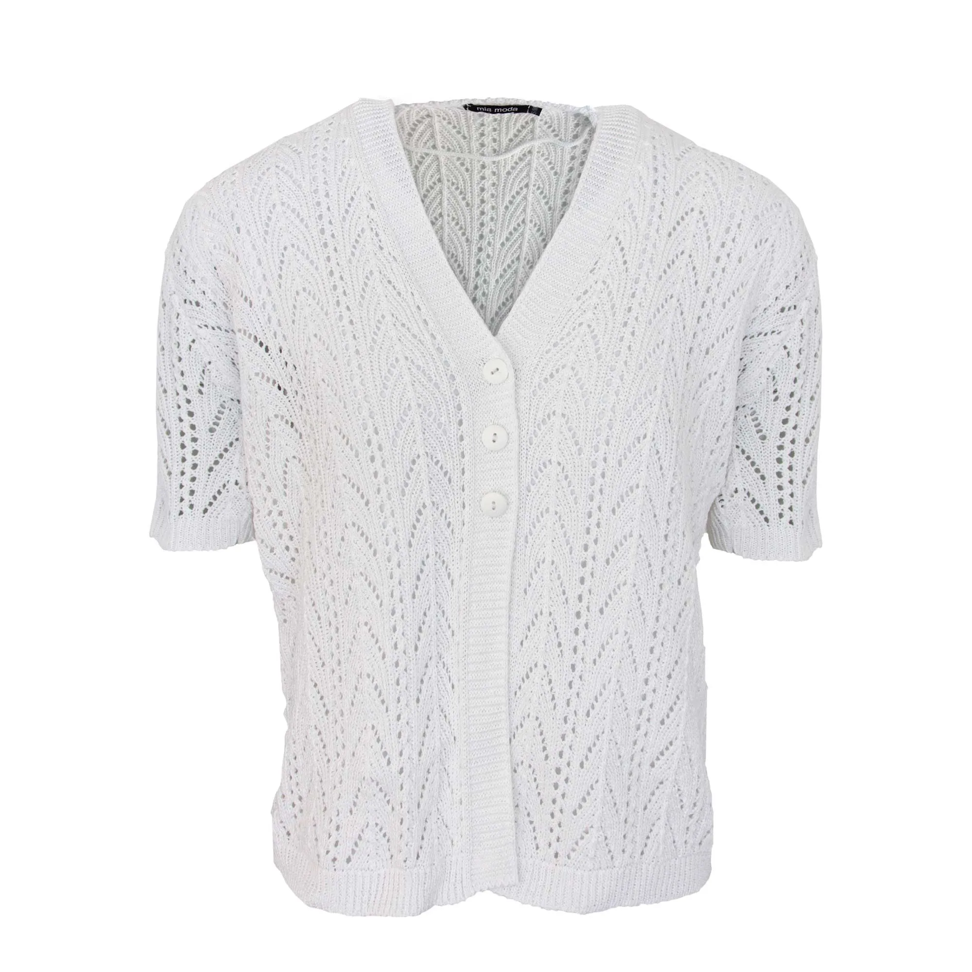 Ladies V Neck Pointelle Cardigan - White