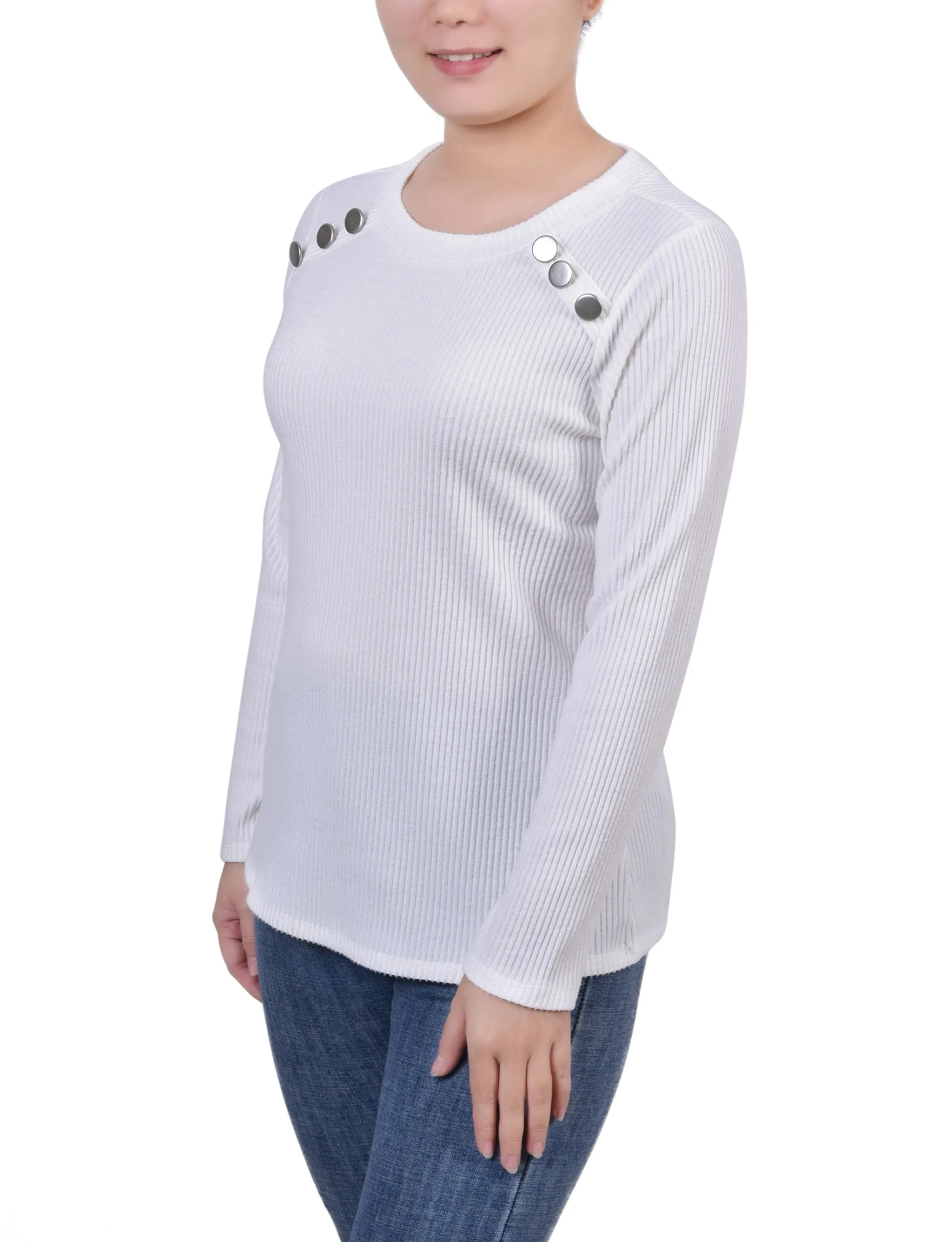 Long Sleeve Ribbed Button Detail Top