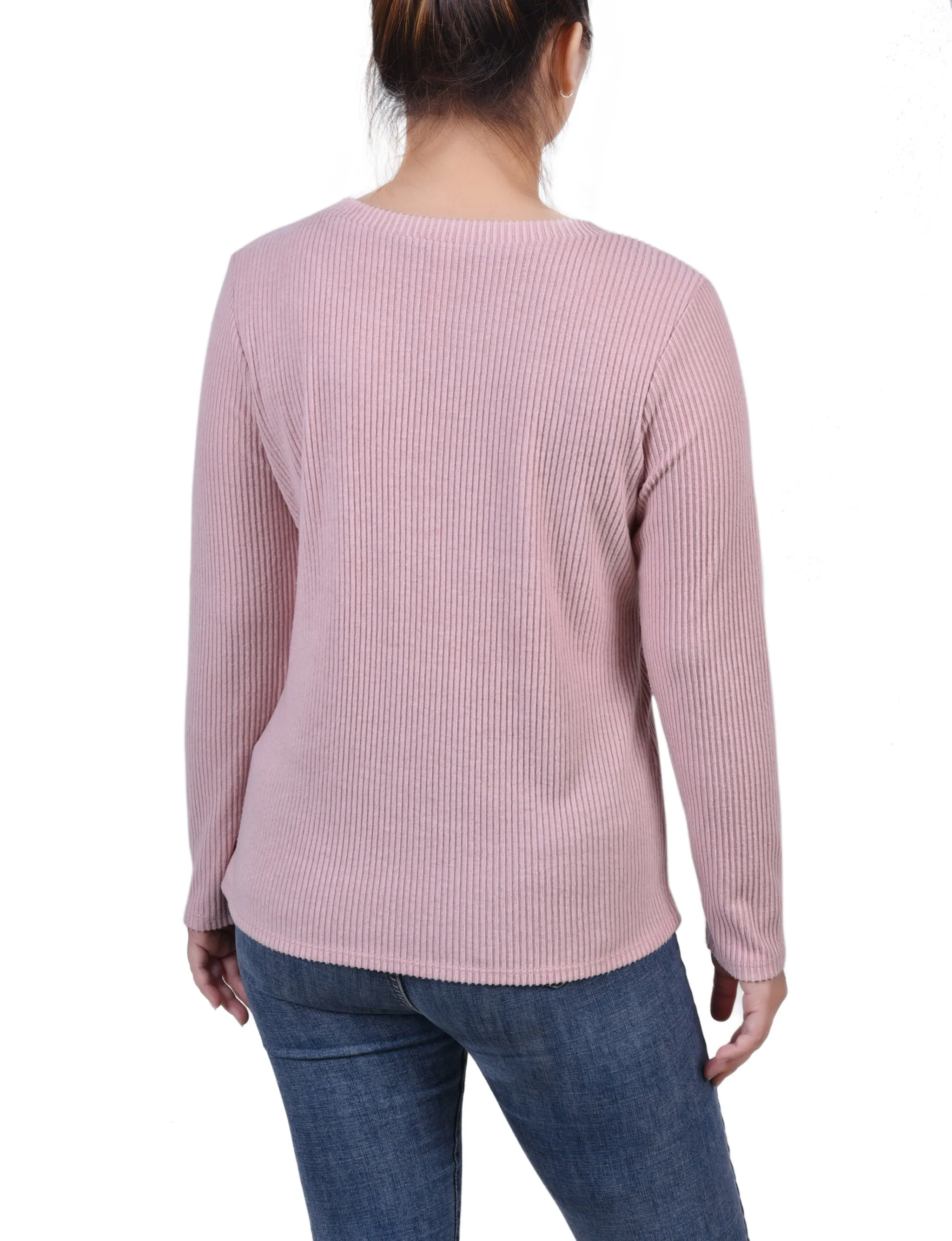 Long Sleeve Ribbed Button Detail Top