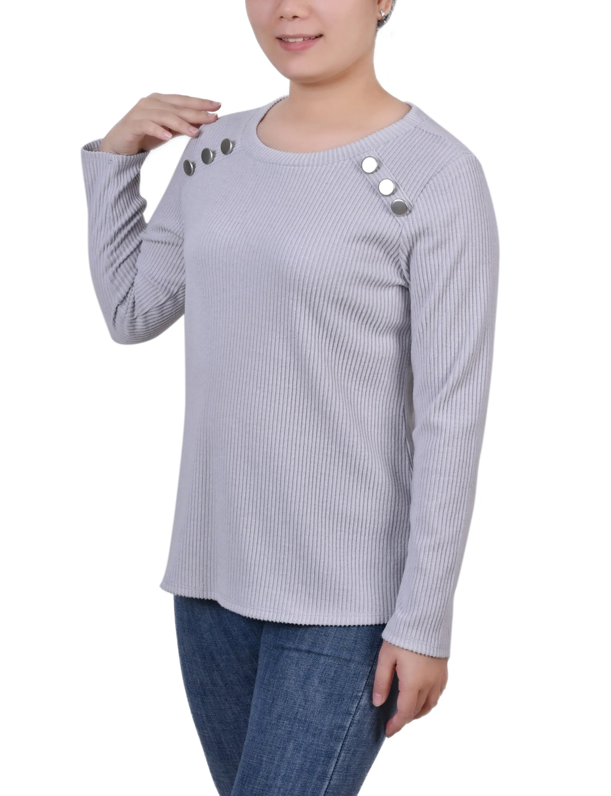 Long Sleeve Ribbed Button Detail Top