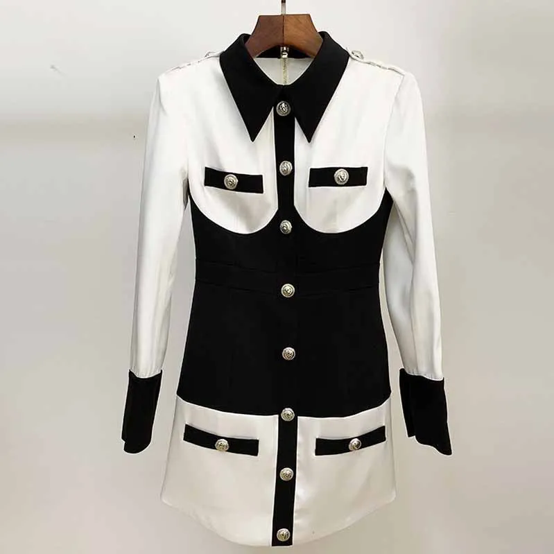 Long Sleeves Collar Color-block Black and white Mini Dress