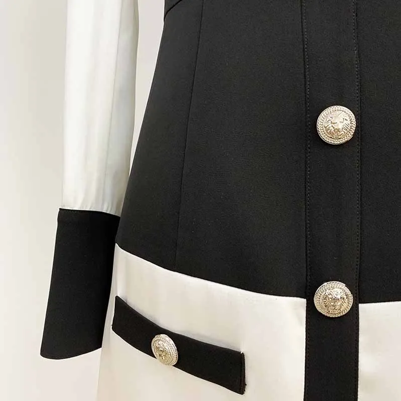 Long Sleeves Collar Color-block Black and white Mini Dress