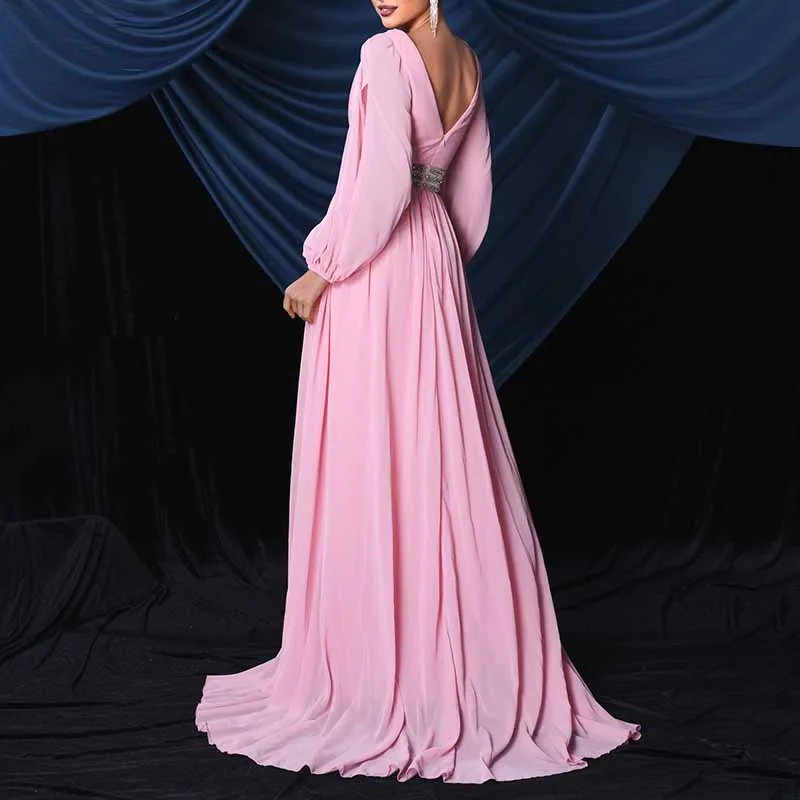 Long Sleeves Pink Prom Dress V Neck Evening Gown