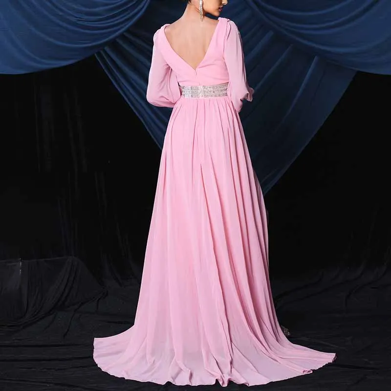 Long Sleeves Pink Prom Dress V Neck Evening Gown