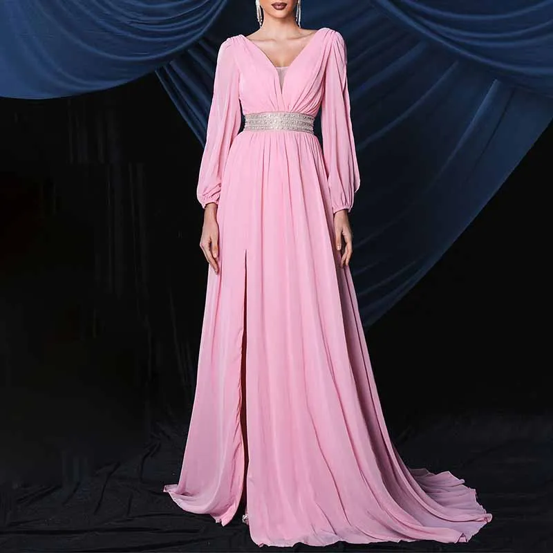 Long Sleeves Pink Prom Dress V Neck Evening Gown