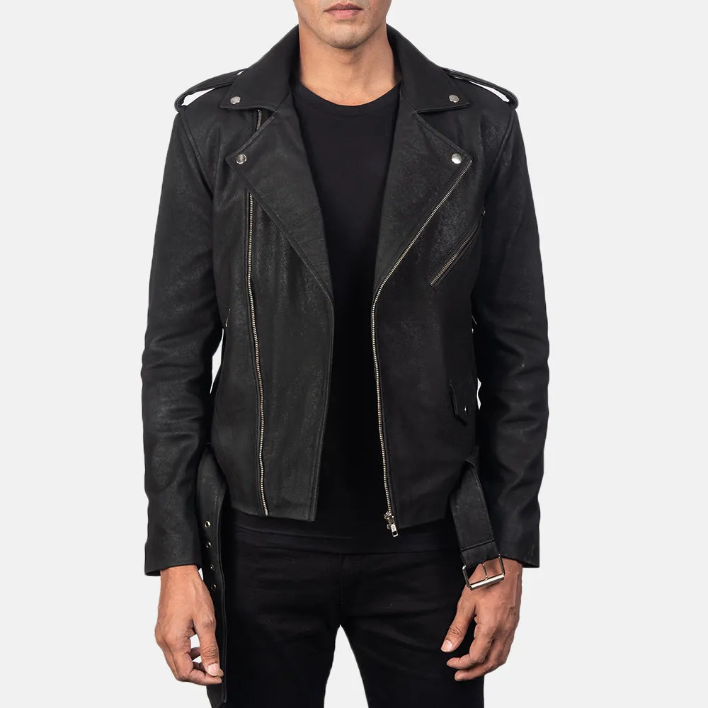 Marshal Distressed Black Leather Biker Jacket