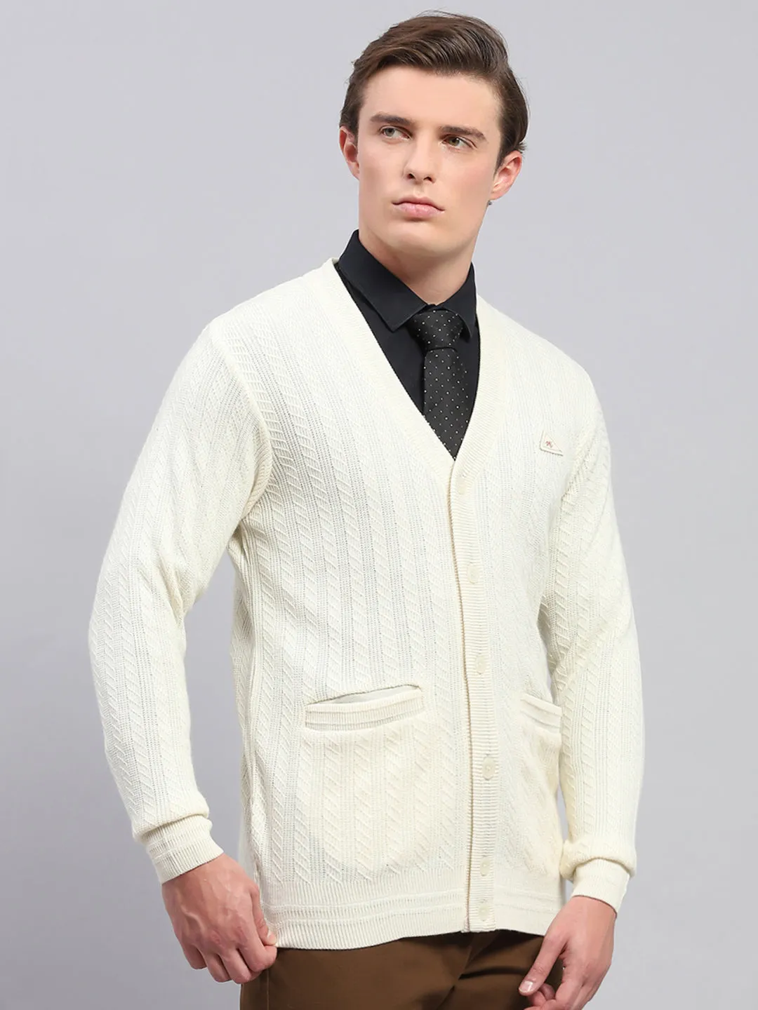 Men White Self Design V Neck Full Sleeve Cardigan