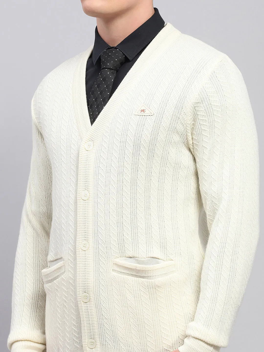 Men White Self Design V Neck Full Sleeve Cardigan