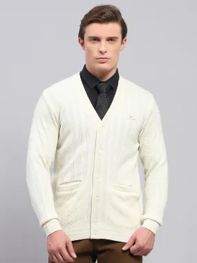 Men White Self Design V Neck Full Sleeve Cardigan