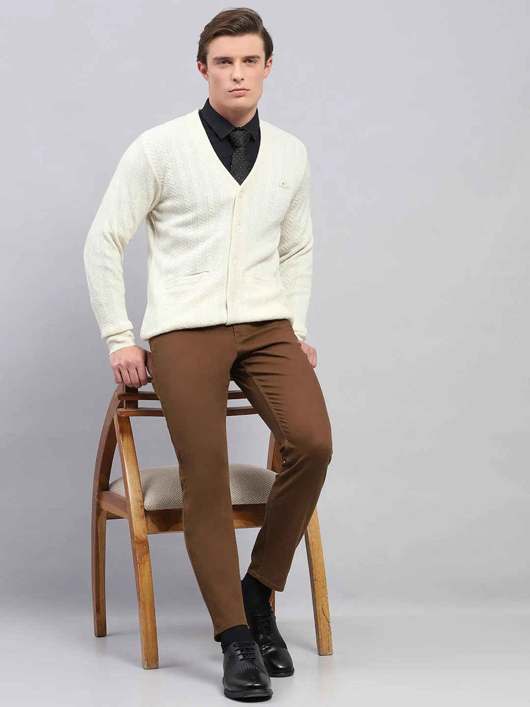 Men White Self Design V Neck Full Sleeve Cardigan