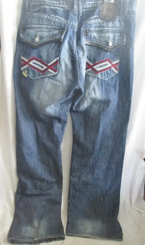 Mens AKADEMIKS NATIVE TRIBAL EMBROIDERED JEANS PANTS 40X35 SPIKE BLUE