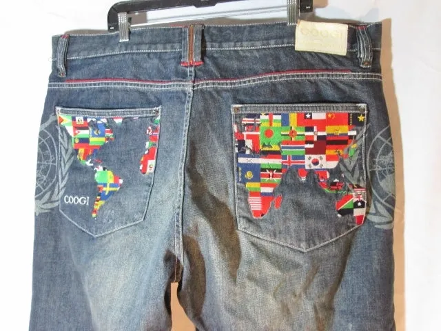 Mens COOGI Embroidered GEOGRAPHY WORLD JEAN Denim PANT 44 x 35 FLAG Colorful