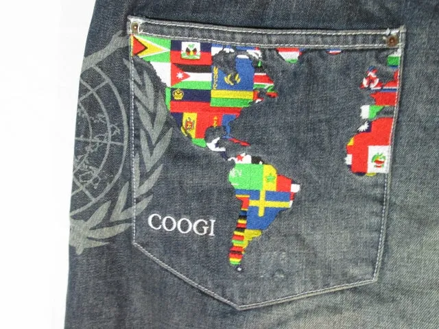 Mens COOGI Embroidered GEOGRAPHY WORLD JEAN Denim PANT 44 x 35 FLAG Colorful