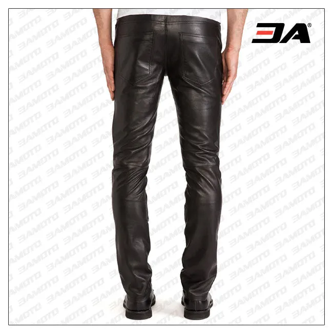 Mens Leather Tapered Fit Biker Pants