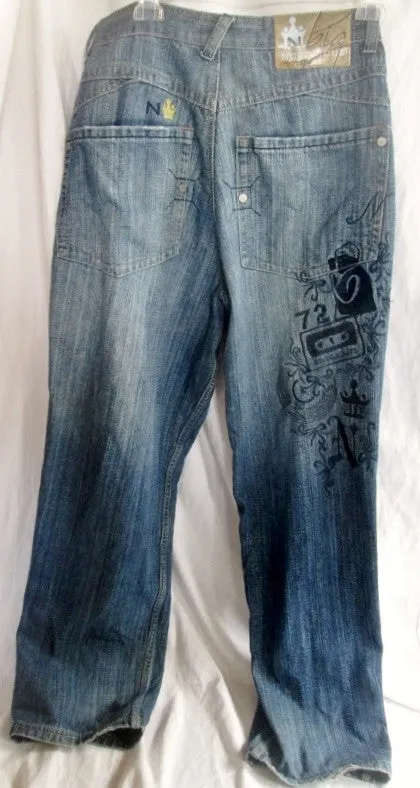 Mens NOTORIOUS B.I.G. Hip Hop Embroidered JEANS Denim PANTS BLUE 34 Hipster