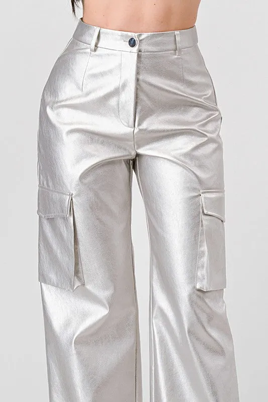 Metallic Faux Leather Cargo Wide Leg Pants