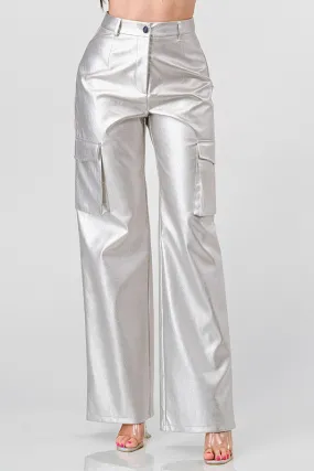 Metallic Faux Leather Cargo Wide Leg Pants