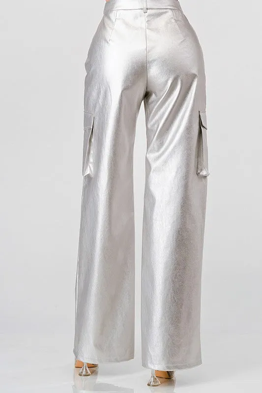 Metallic Faux Leather Cargo Wide Leg Pants