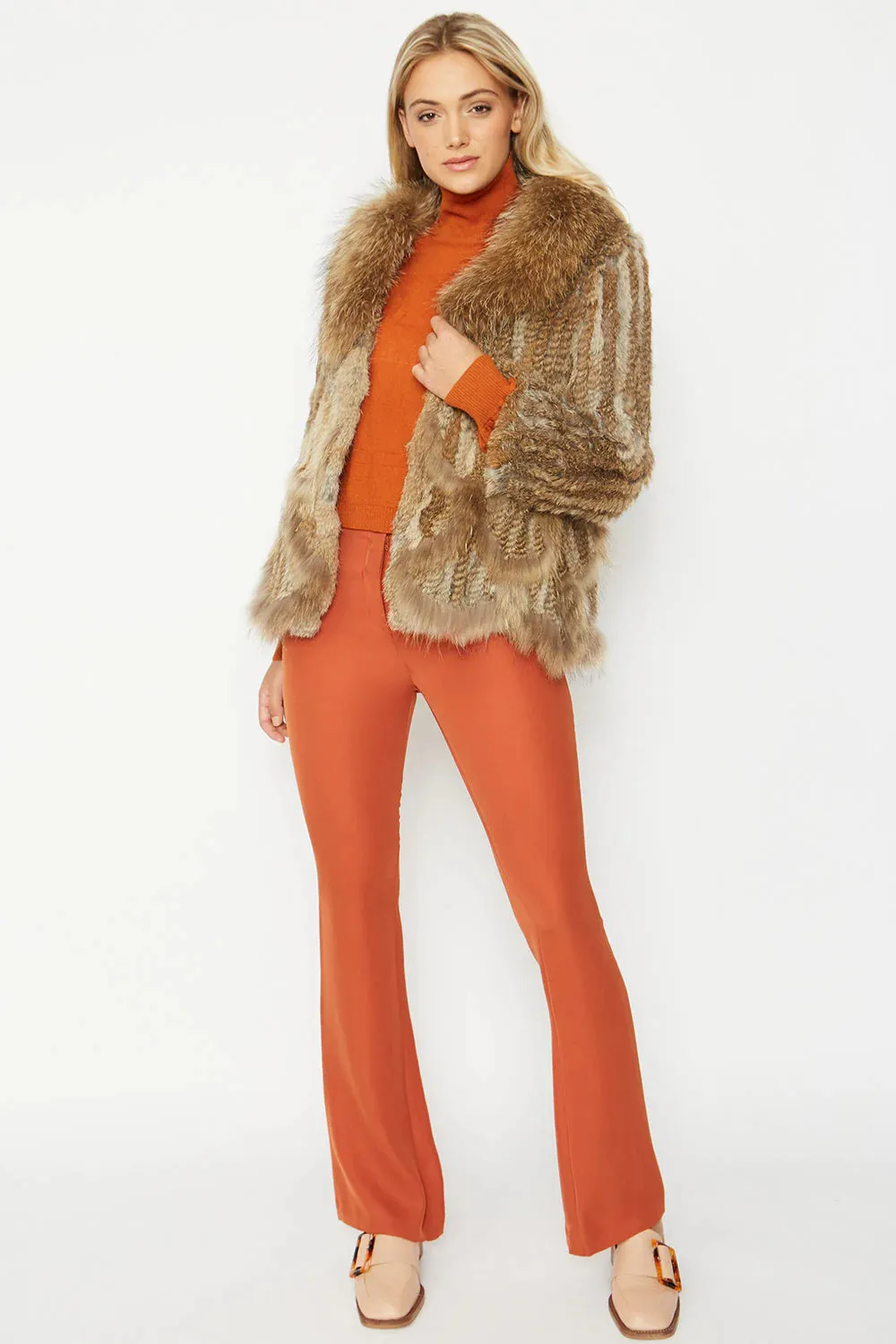 Mocha Scalloped Coney Fur Jacket With Fox Fur Collar