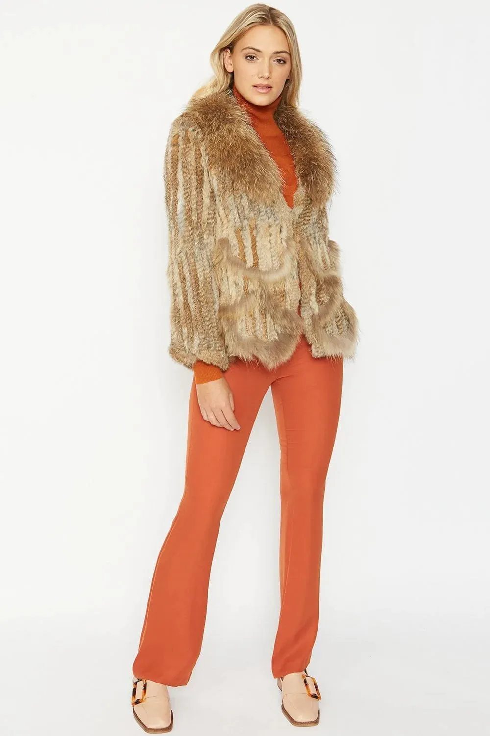 Mocha Scalloped Coney Fur Jacket With Fox Fur Collar