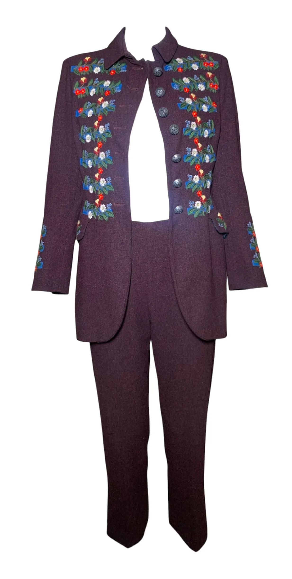 Moschino Couture Y2K Floral Embroidered Burgundy Wool Pants Suit