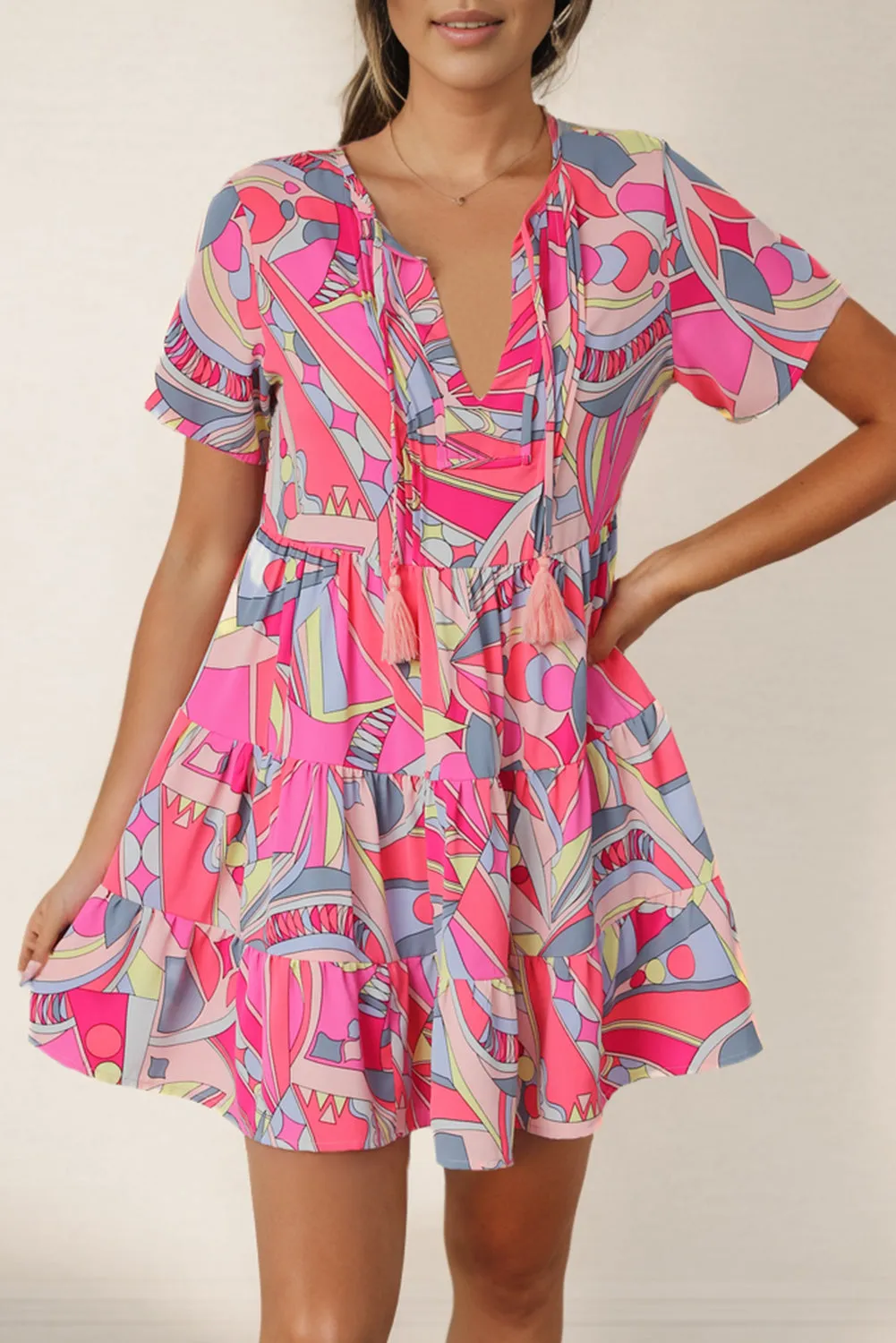 Multicolored Short Sleeve Beach Dress