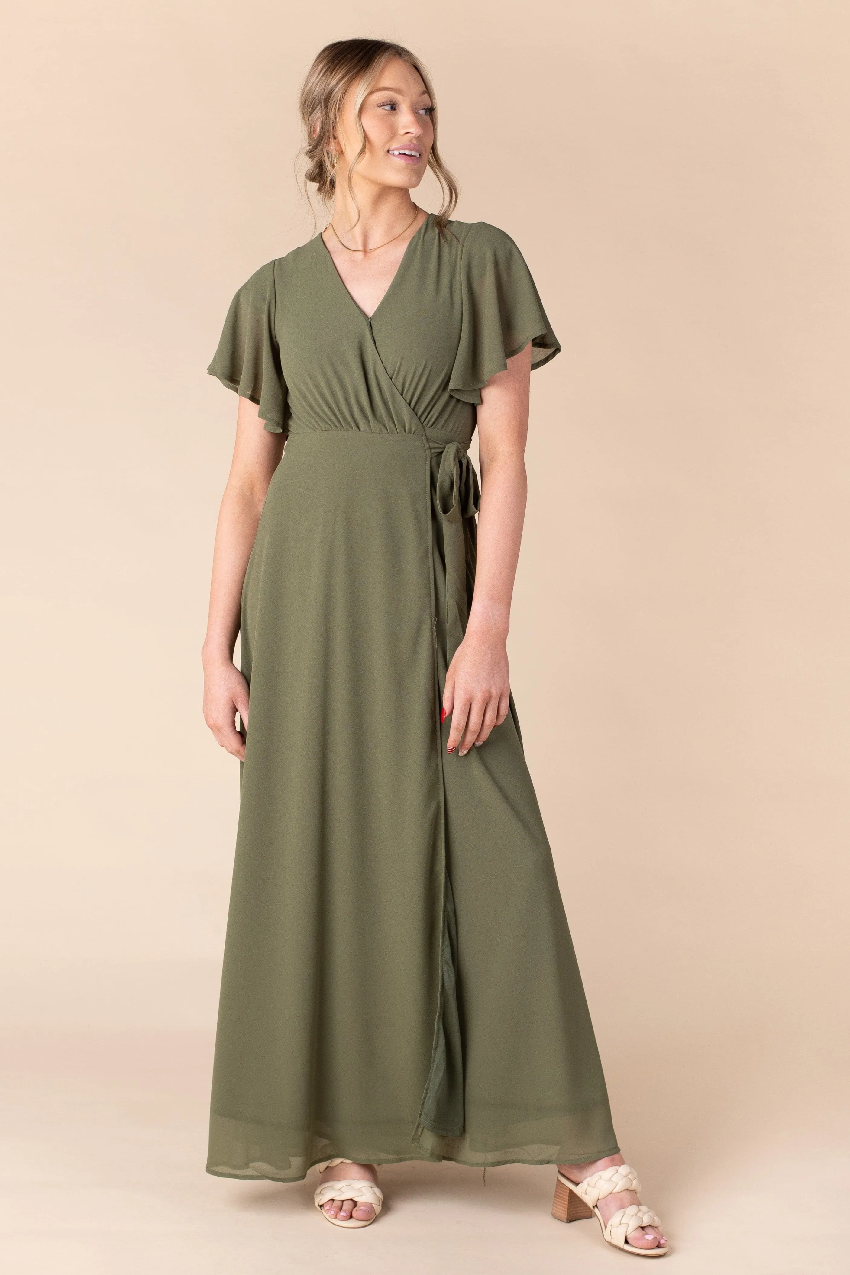 Naples Flutter Sleeve Wrap Maxi - Moss