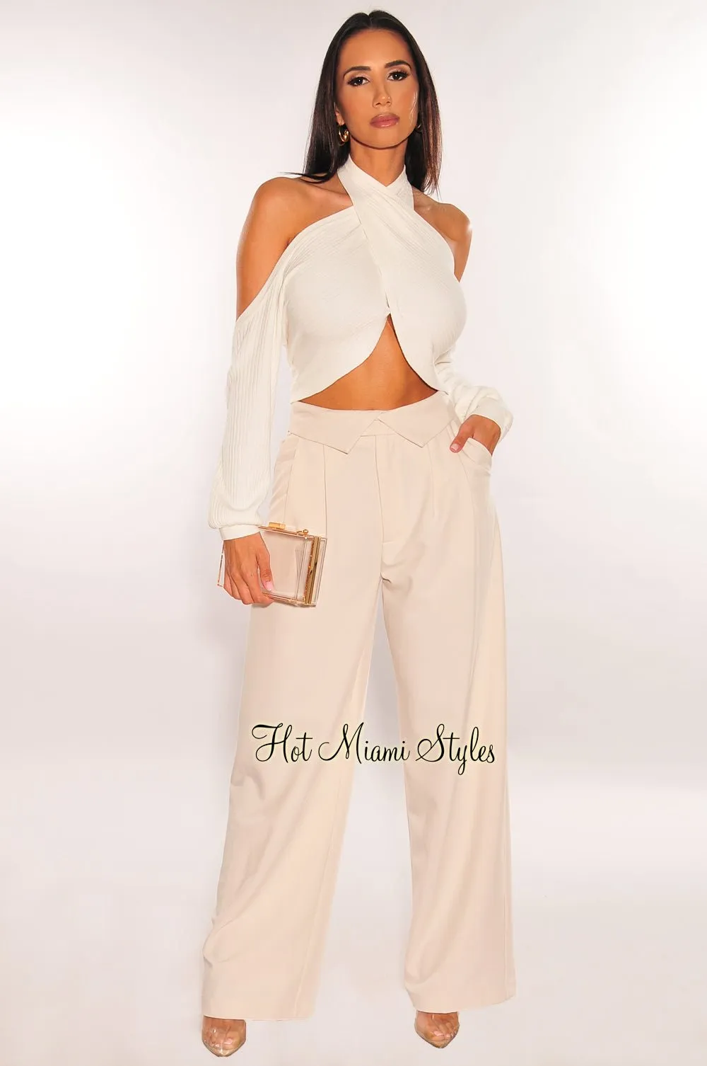 Nude High Waist Fold Over Pleated Wide Leg Pants