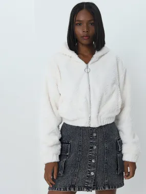 Nuon Off-White Textured Fleece Jacket