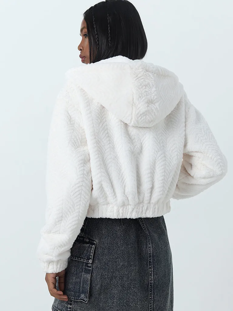 Nuon Off-White Textured Fleece Jacket