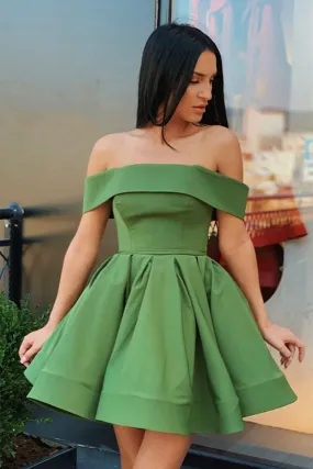 Off Shoulder Green Satin Short Prom Homecoming Dress, Short Green Formal Graduation Evening Dress A1619