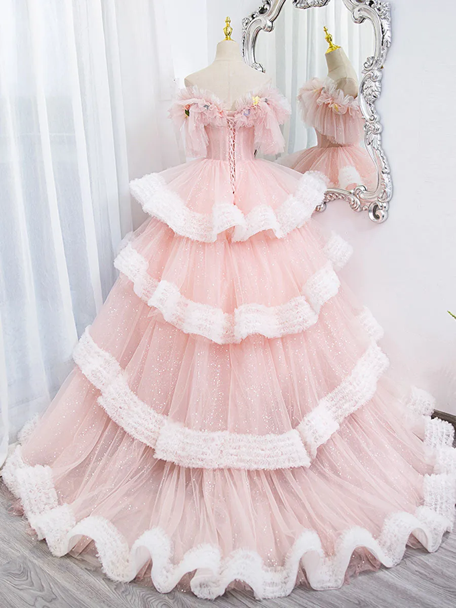 Off Shoulder Pink Long Prom Dresses, Ball Gown Pink Sweet 16 Dresses