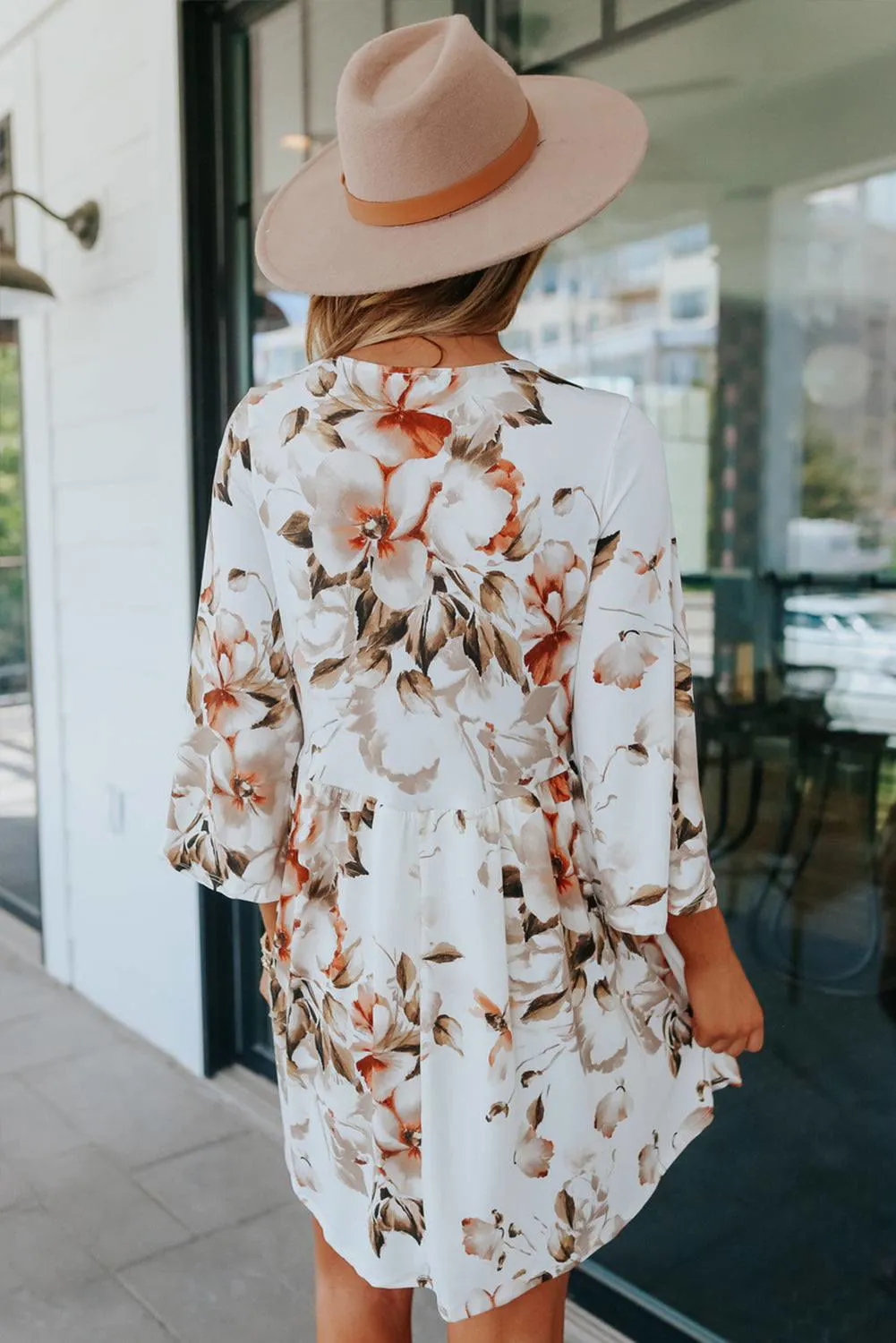 Orange Floral Print V Neck Flutter Empire Waist Dress