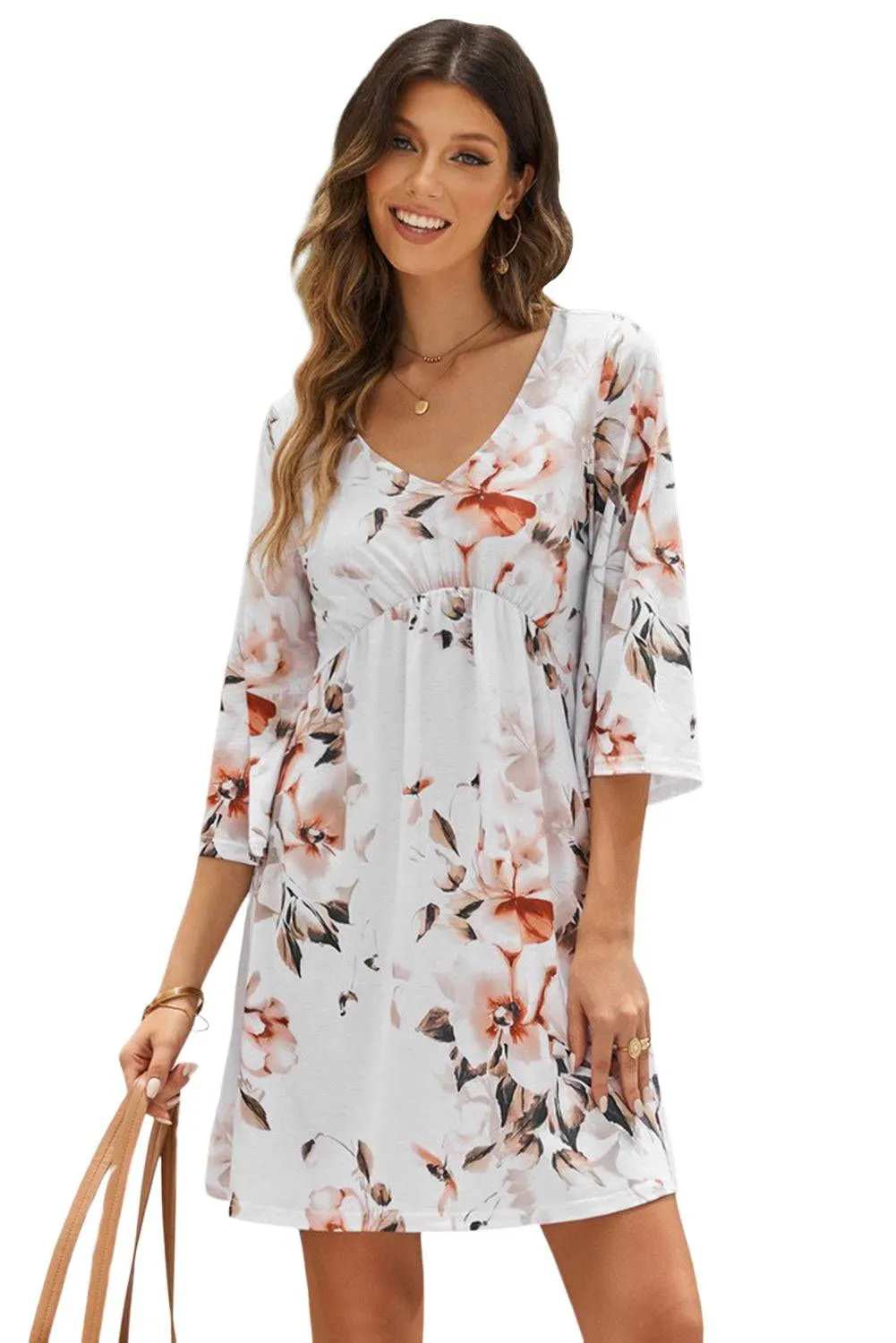 Orange Floral Print V Neck Flutter Empire Waist Dress