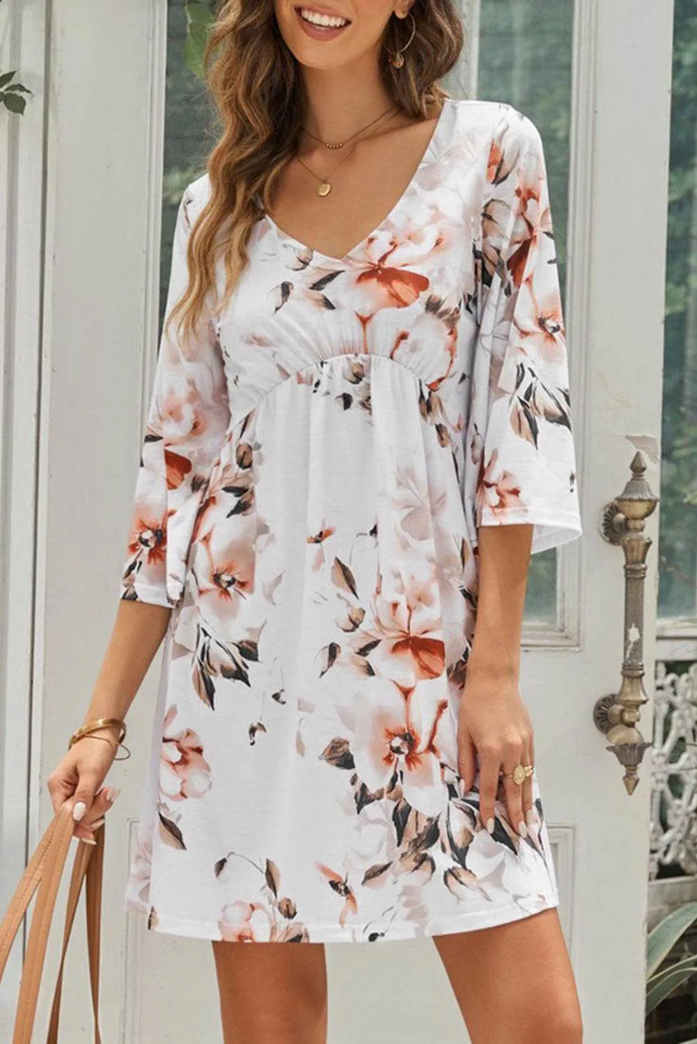 Orange Floral Print V Neck Flutter Empire Waist Dress