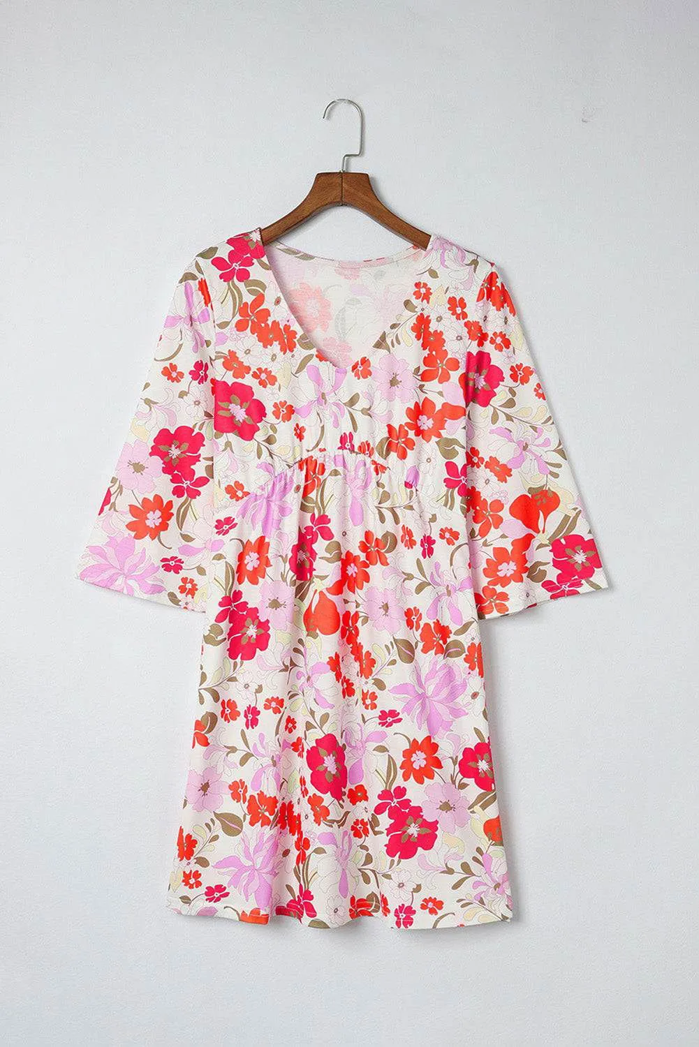 Orange Floral Print V Neck Flutter Empire Waist Dress