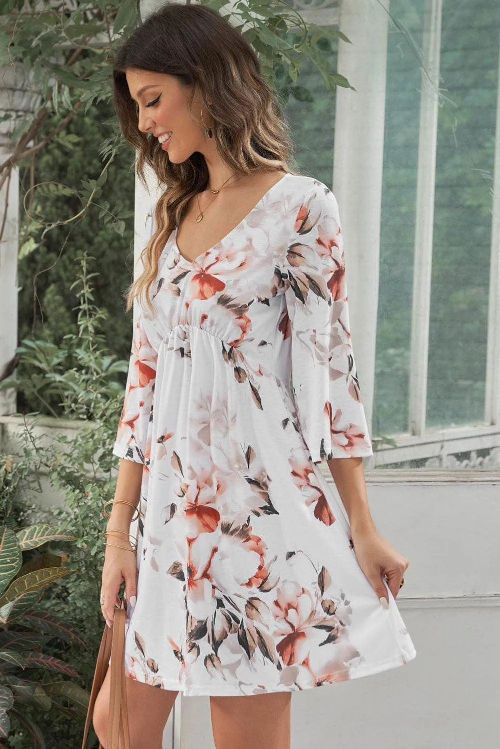 Orange Floral Print V Neck Flutter Empire Waist Dress