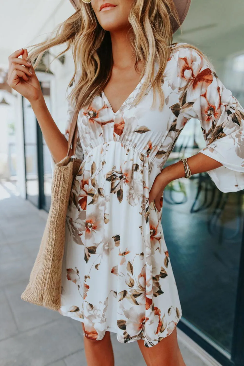 Orange Floral Print V Neck Flutter Empire Waist Dress