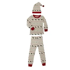 Organic Kids' L/Sleeve PJ & Cap Set- Faire Isle Reindeer