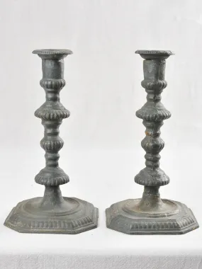 Pair of cast iron candlesticks with teal blue patina 13"