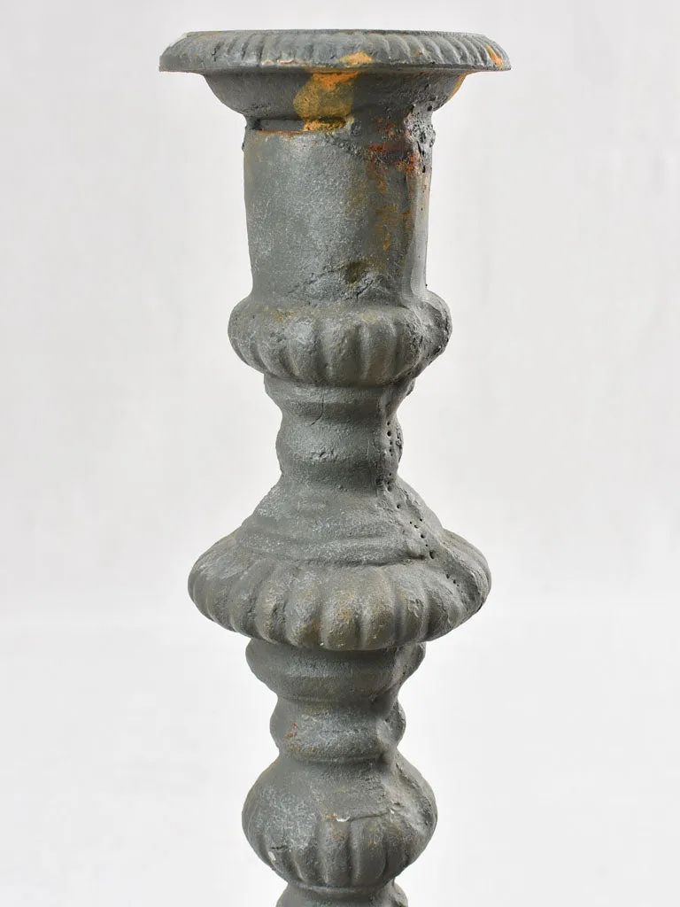 Pair of cast iron candlesticks with teal blue patina 13"