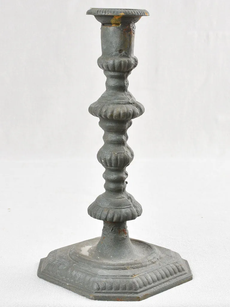 Pair of cast iron candlesticks with teal blue patina 13"