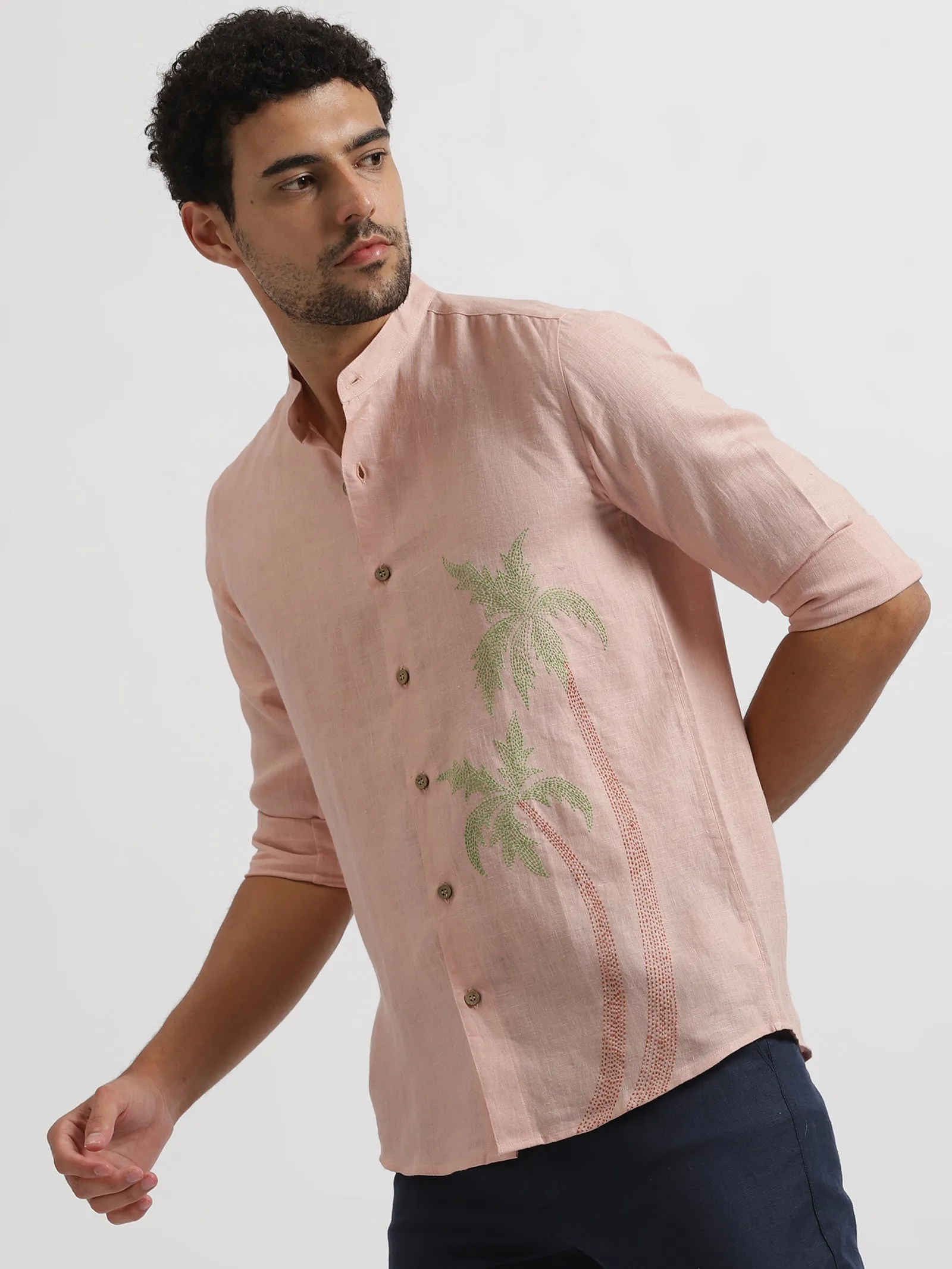 Palm - Pure Linen Hand Embroidered Full Sleeve Shirt - Pink