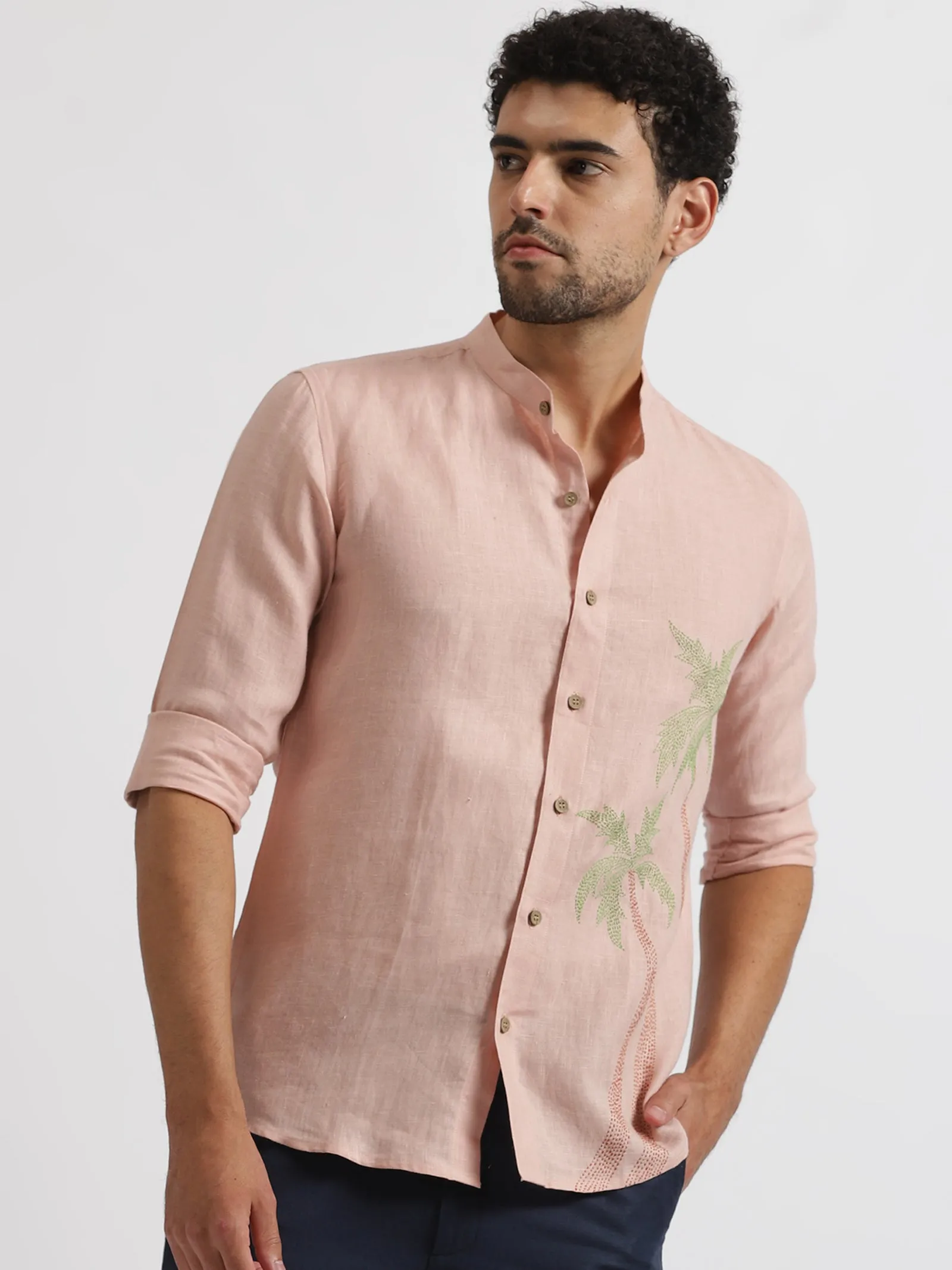 Palm - Pure Linen Hand Embroidered Full Sleeve Shirt - Pink