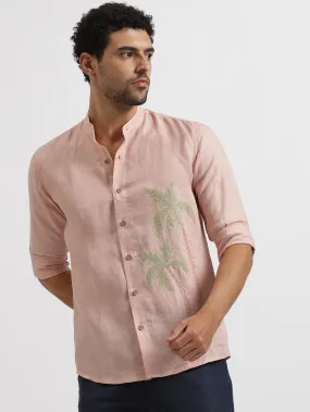 Palm - Pure Linen Hand Embroidered Full Sleeve Shirt - Pink