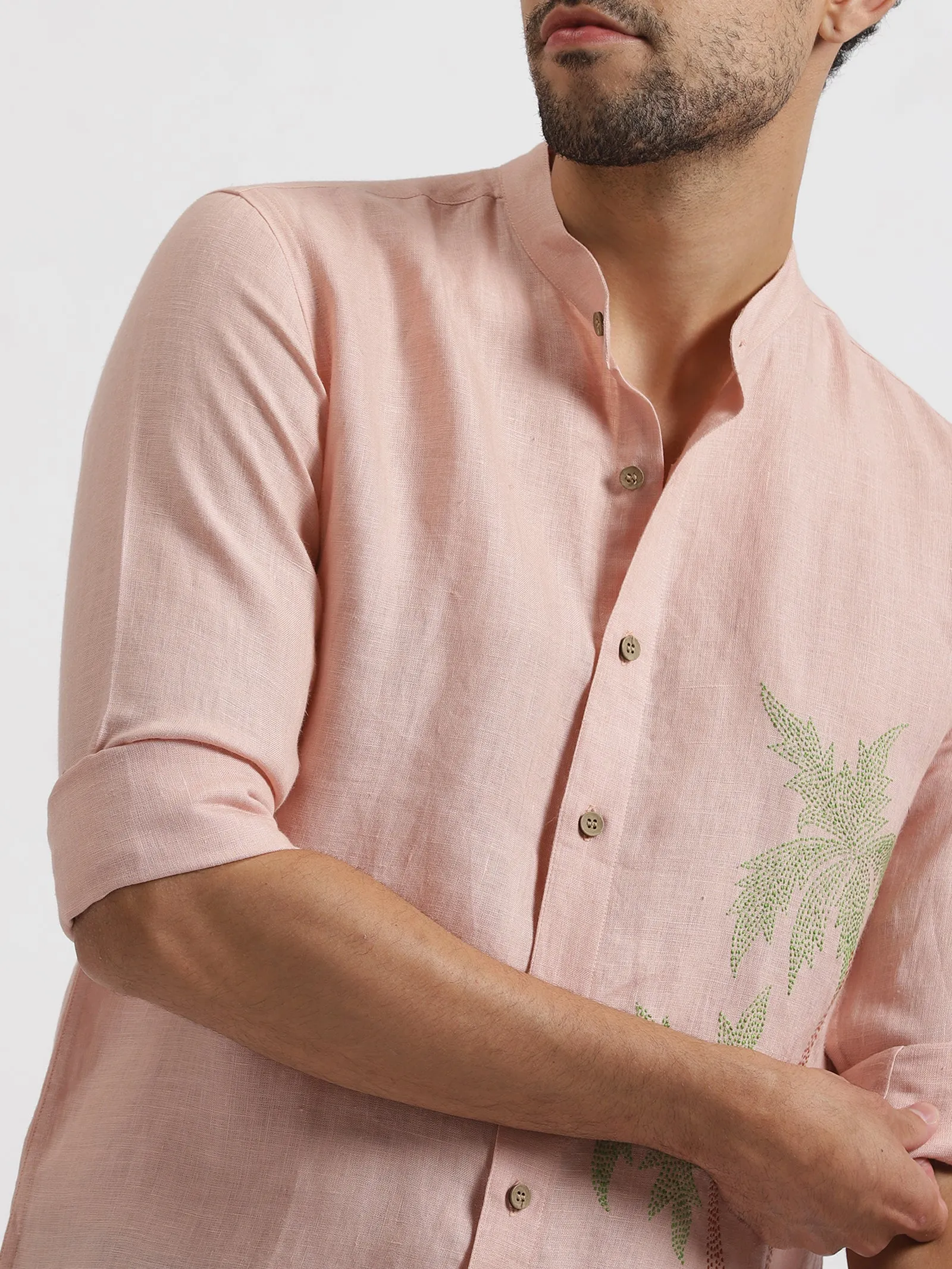 Palm - Pure Linen Hand Embroidered Full Sleeve Shirt - Pink