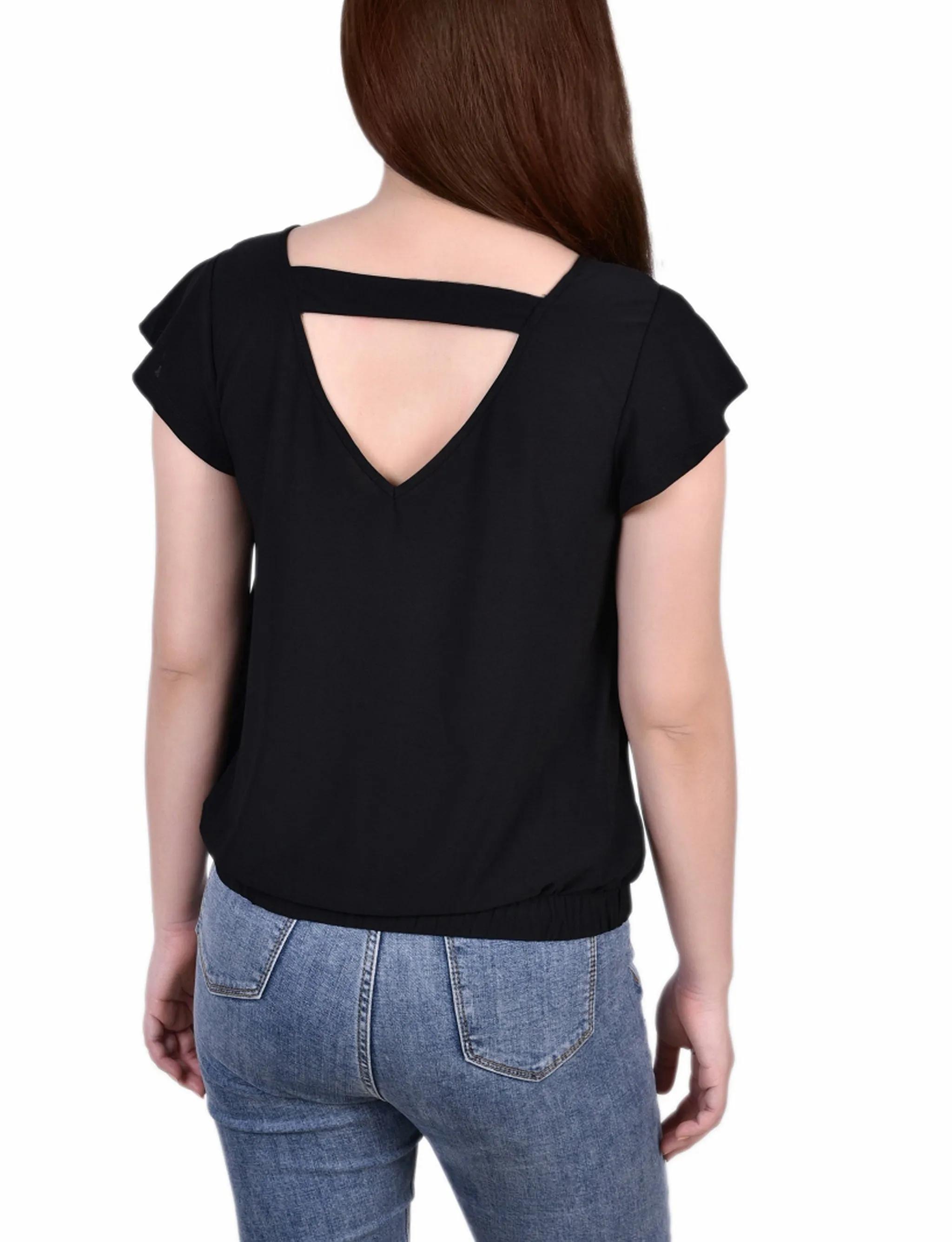 Petite Short Flutter Sleeve Top With Studded Neckline