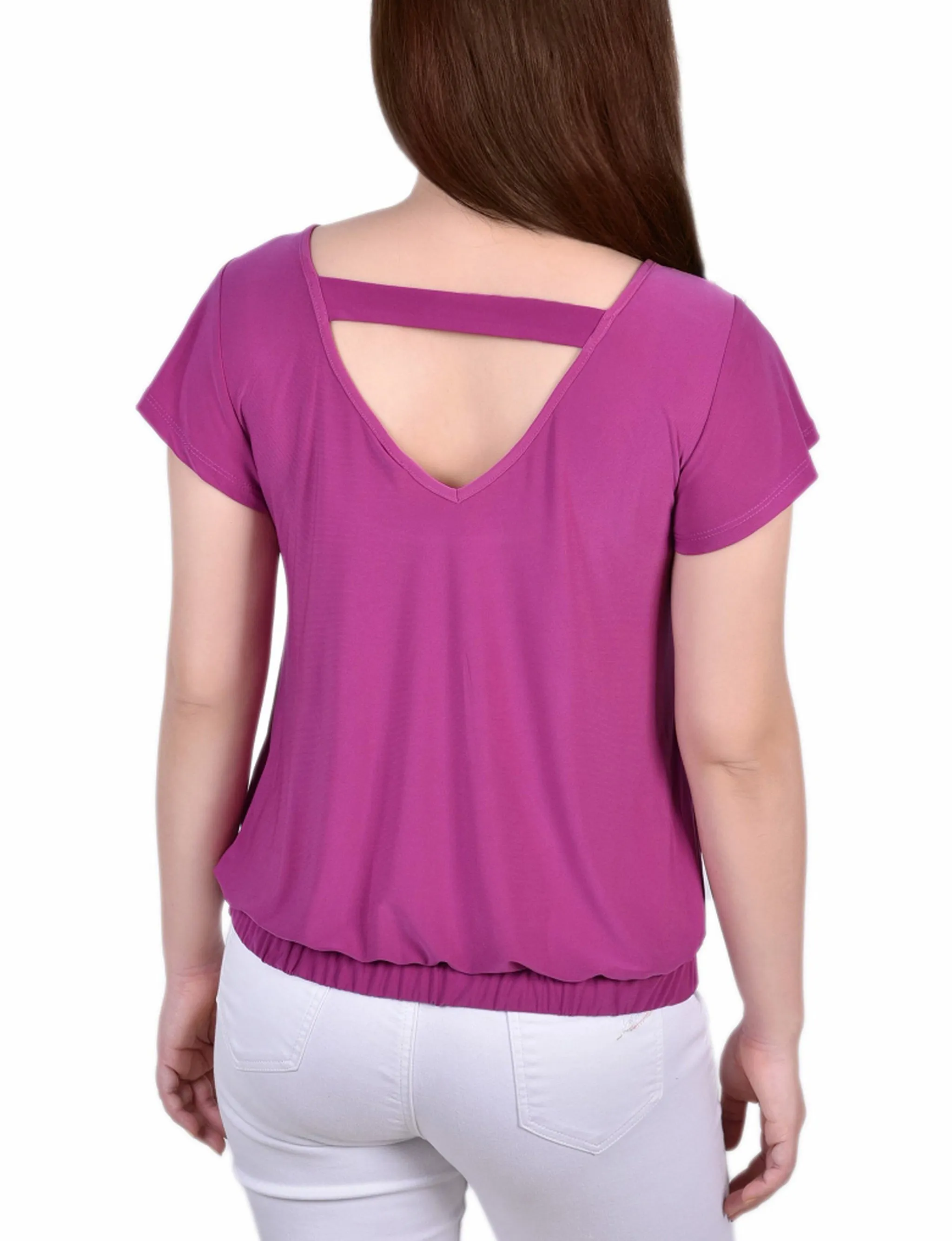 Petite Short Flutter Sleeve Top With Studded Neckline