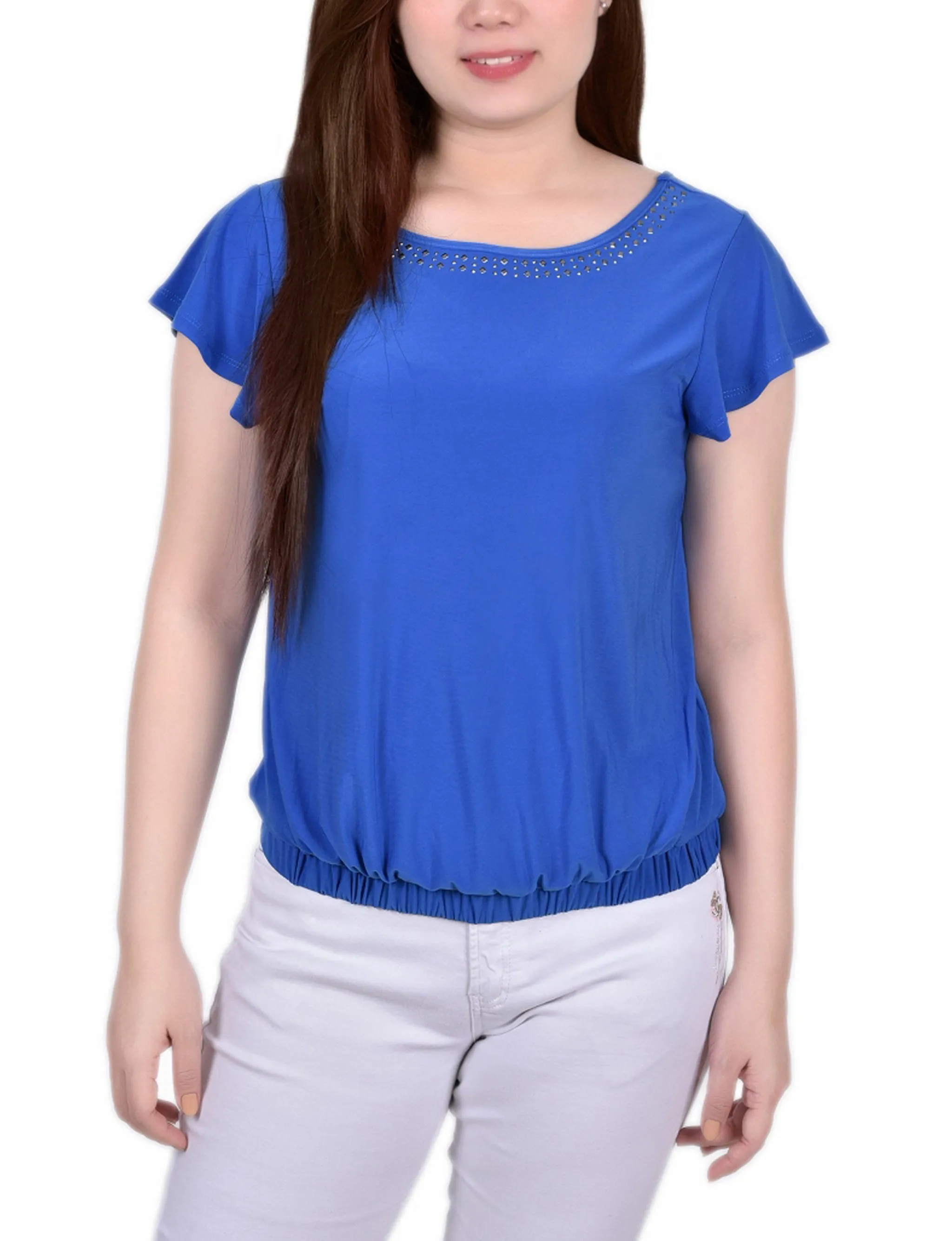 Petite Short Flutter Sleeve Top With Studded Neckline