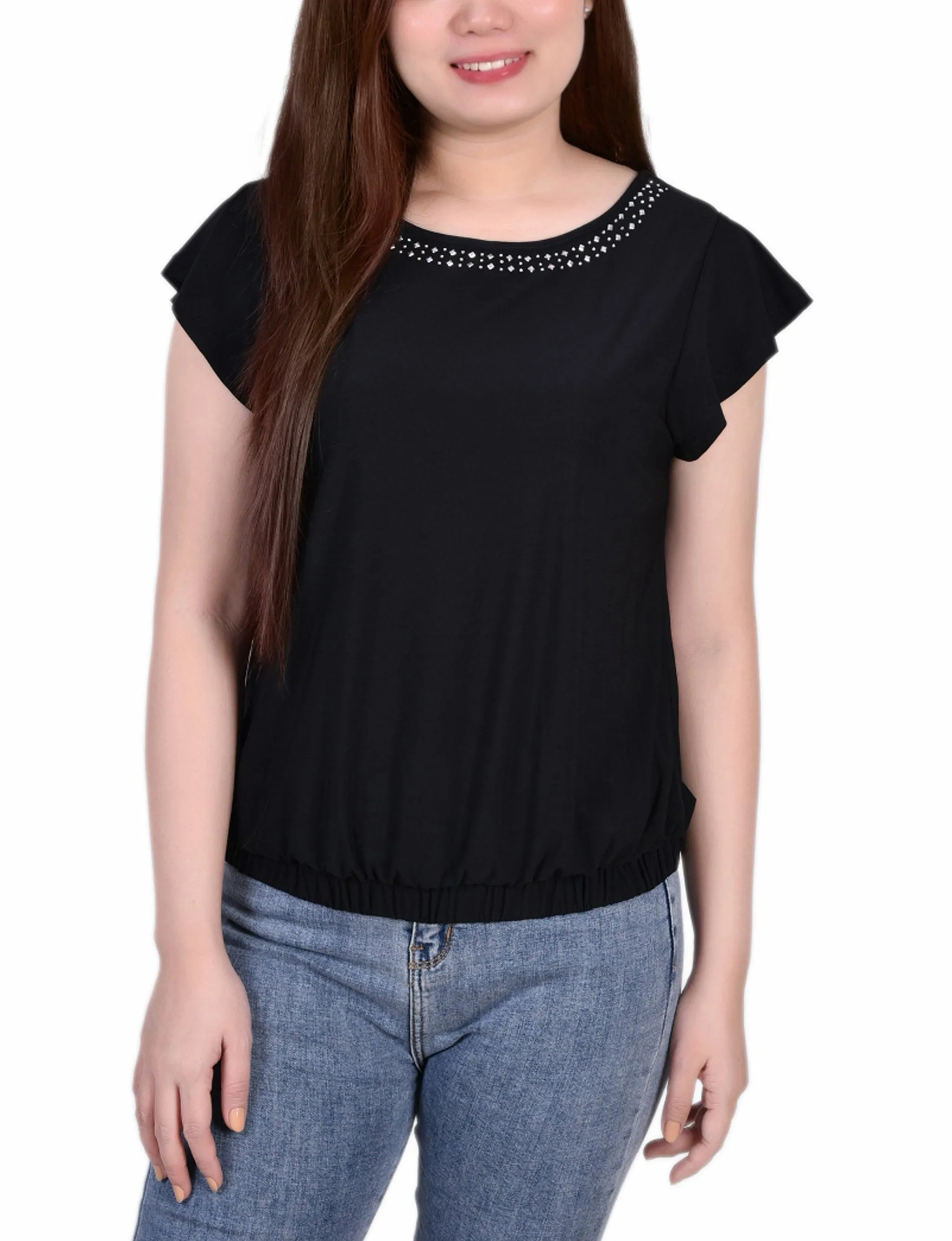 Petite Short Flutter Sleeve Top With Studded Neckline